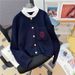 Women's Clothing French-Inspired Detachable Collar Knit Cardigan – Embroidered Lettering, Neck & Oversized Fit, Warm Wool Blend For Women (Navy)_ecoleips.com