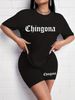 Summer Women's Casual And Fashionable Chingona Print Loose T-shirt+shorts Two-piece Sportswear Suitable For Daily Wear-73_ecoleips.com