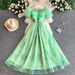 Women's French Style Maxi Dress Gentle Youthful Printed Pleated Square Neck Puff Sleeve Unique Exquisite Mesh Princess Dress_ecoleips.com