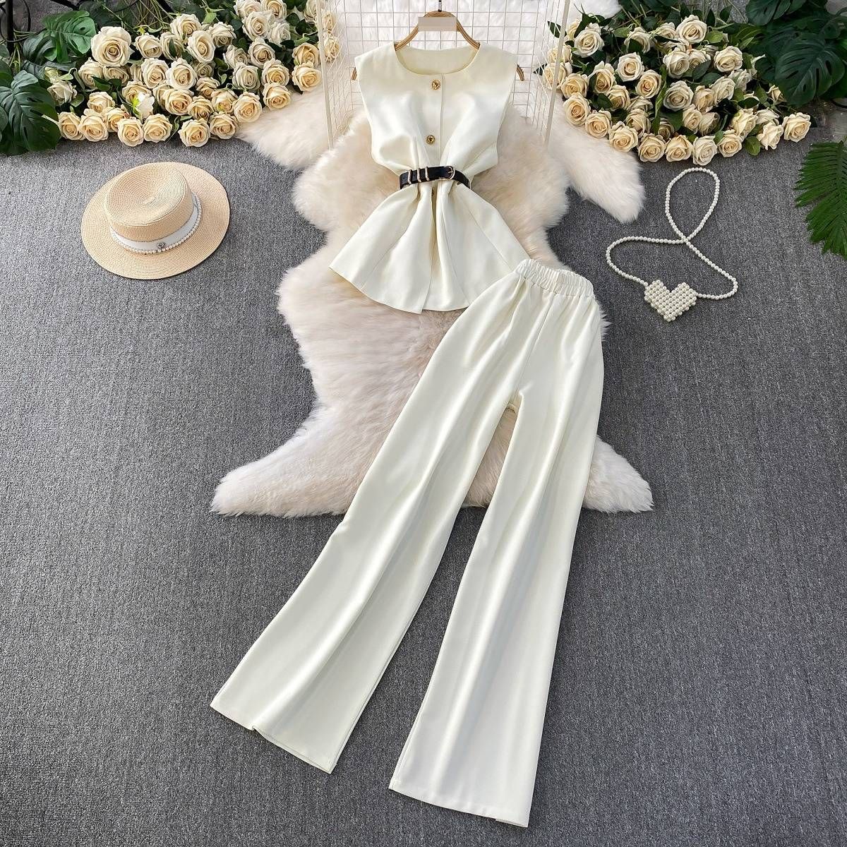 Elegant Sleeveless Blouse & High-Waisted Wide-Leg Pants Set – Slimming Tailored Suit For Women Breathable Fabric_ecoleips.com