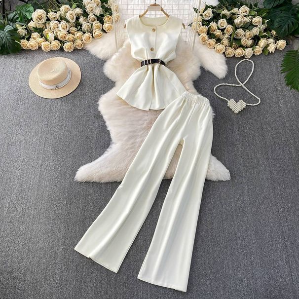 Elegant Sleeveless Blouse & High-Waisted Wide-Leg Pants Set – Slimming Tailored Suit For Women Breathable Fabric_ecoleips.com