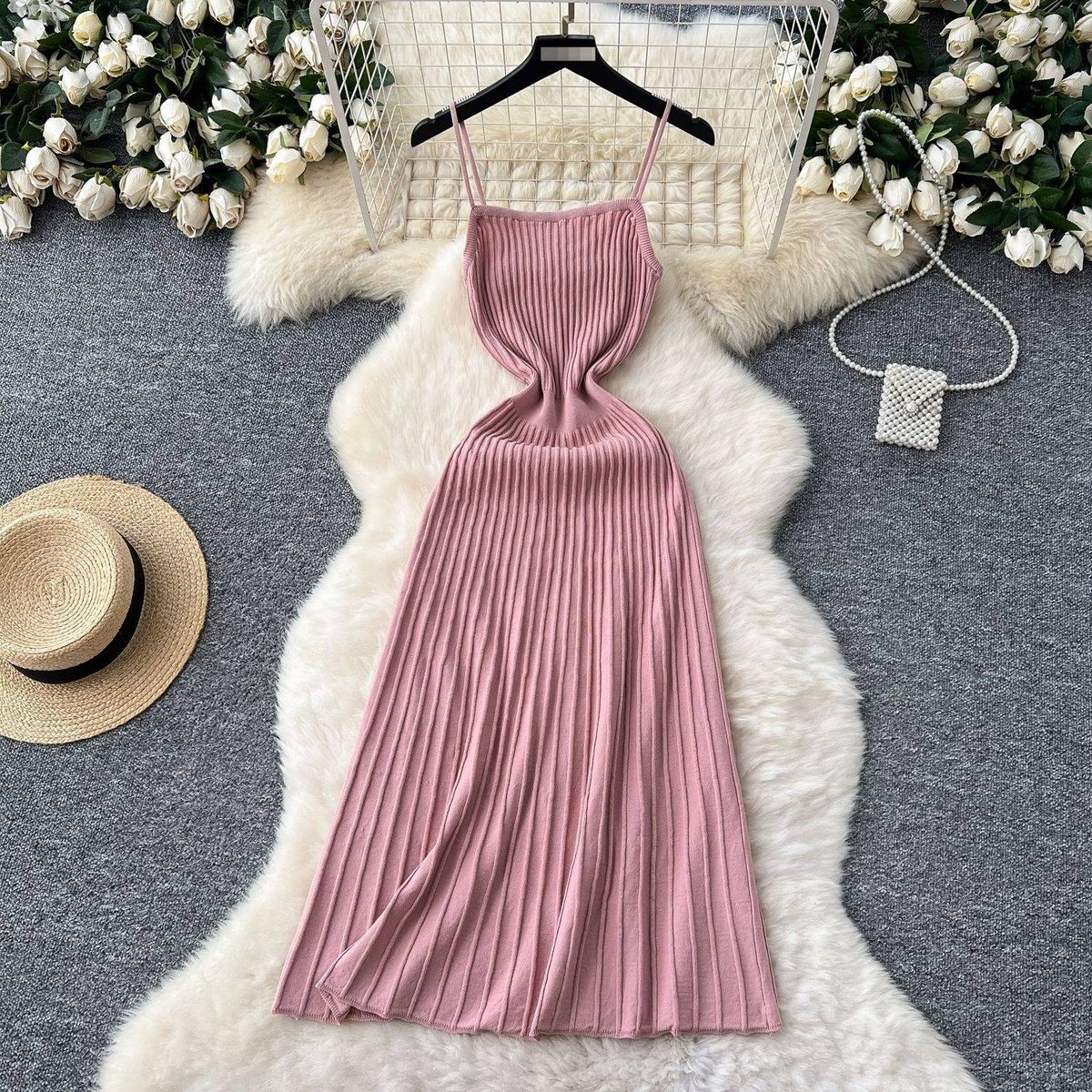 Elegant Ribbed Knit Slip Dress for Women Soft Summer Bodycon Midaxi Dress Versatile Stretchy Camisole Dress for Layering_ecoleips.com