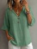 Women's V Neck Button Loose Top Cotton Linen Summer T-Shirt European And American Style New 2026_ecoleips.com