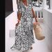 Women's Summer V Neck Long Dress Printed Short Sleeve Versatile Beach Style Bohemian Casual Cotton Blend Dress for Ages 16-45_ecoleips.com