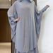Muslim Heavy Satin Rhinestone Dress For Women 2025 Summer New Solid Color Elegant With Headscarf Set_ecoleips.com
