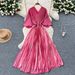 Women's Clothing Pleated Dress Female Summer High End Light Luxury V Neck Bat Sleeve Waist Metallic Pleated Long Skirt_ecoleips.com