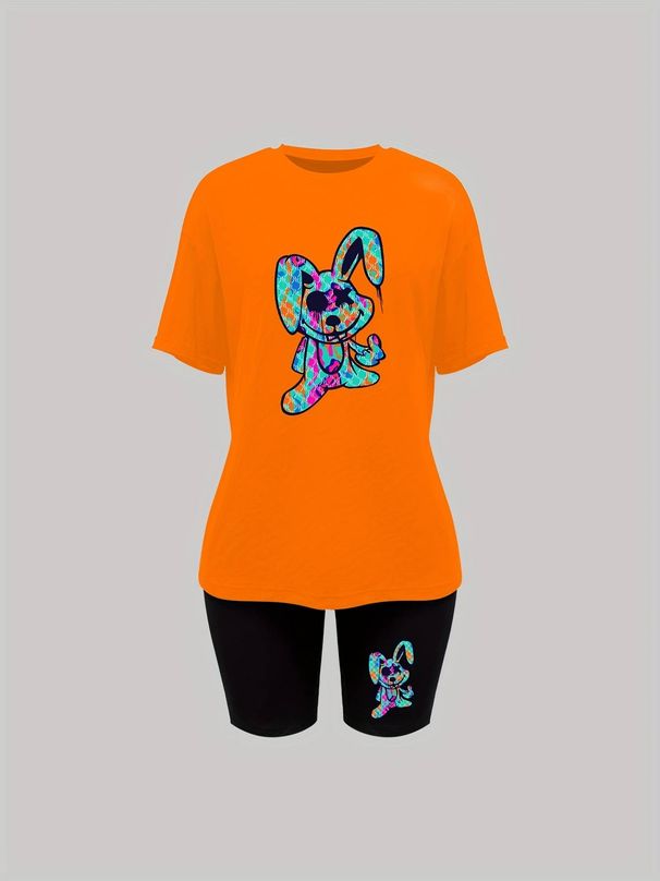 Women’s 2 Piece Outfit Set – Oversized Graphic T-Shirt And Biker Shorts Matching Set, Casual Summer Lounge Tracksuit For Daily Wear Q-899_ecoleips.com