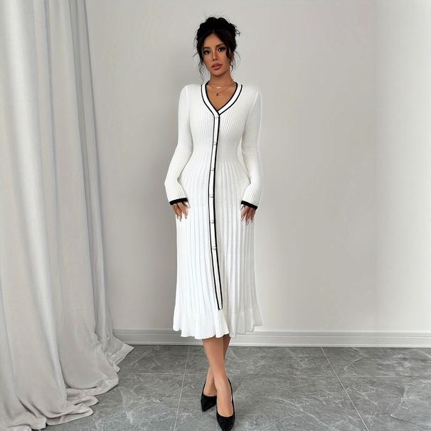 Women's Clothing Long Sleeved Hip Wrapped Elegant Knit Dress With Long Sleeves & V-Neck – Slim Fit, Stretchable, And Stylish For Women_ecoleips.com