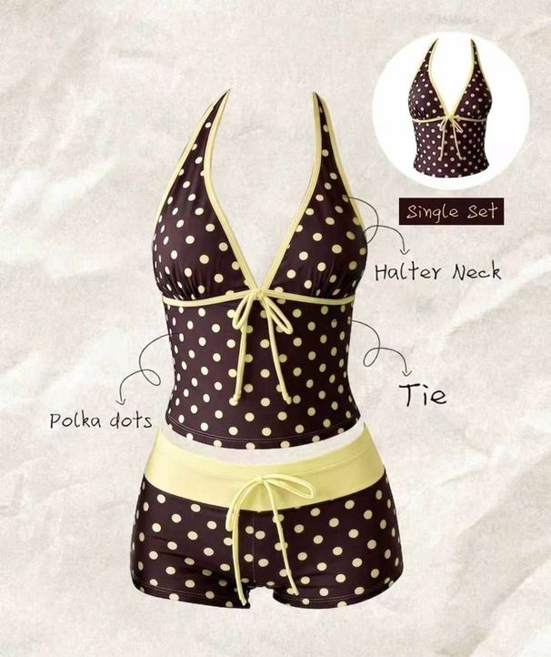 Polka Dot Milk Coffee Slimming off Shoulder Two Piece Swimsuit for Women Retro Style Beach Spa Resort Wear_ecoleips.com