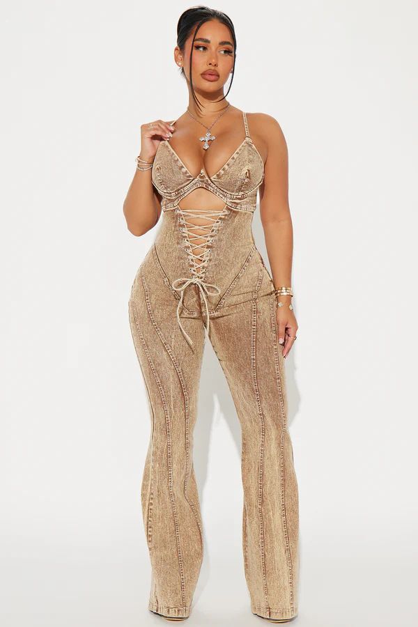 Women's Clothing Fashion Hollow Tie Waist Denim Jumpsuit_ecoleips.com