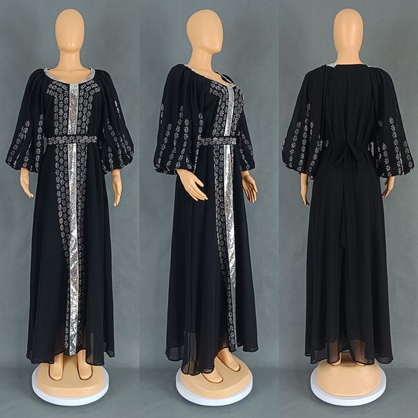 Women's Clothing Hot Diamond Long Skirt Chiffon Puff Sleeve Dress With Belt_ecoleips.com