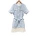 Women's Clothing Early Spring Fashion Sky Blue Tweed Waist Patchwork Pleated Hem Round Neck Dress 24941_ecoleips.com