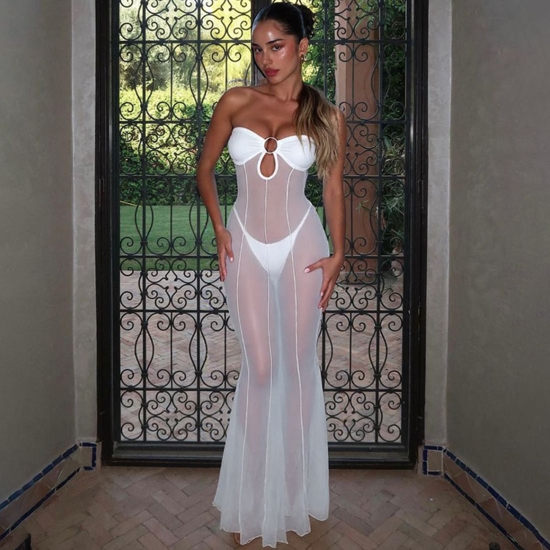 Women's Fashion Slim Dress One Line Collar Hollow Mesh See Through_ecoleips.com