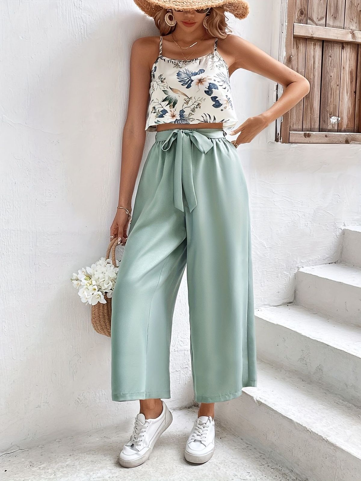 Fashion Women's Two Piece Set Casual Vacation Camisole Top With Print And Tie Up Pants Clothing_ecoleips.com