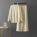 Women's Elegant Knitted Two-Piece Set Cross Border Style Loose Long Sleeve round Neck Sweater And Wide Leg Pants Solid Color Split Hem for Autumn Winter_ecoleips.com