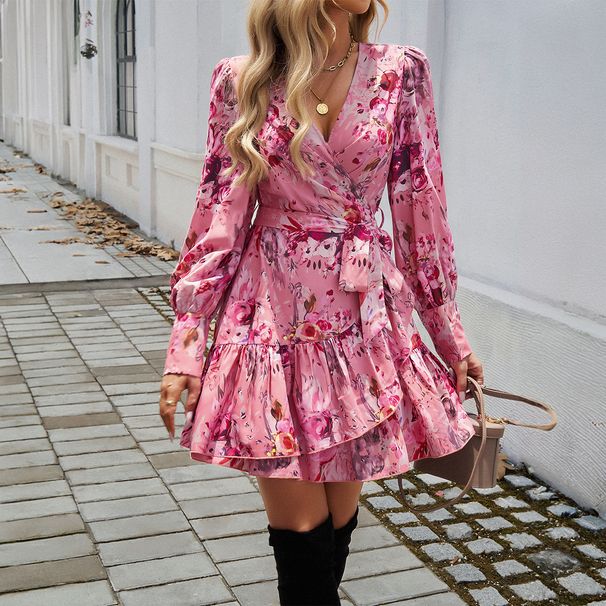 DiYun 2024 Autumn/Winter European And American Foreign Trade Women's Elegant V-Neck Printed A-Line_ecoleips.com