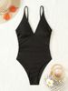 Black Spaghetti Strap Deep V-Neck Fitted Solid One Piece Swimsuit For Women_ecoleips.com