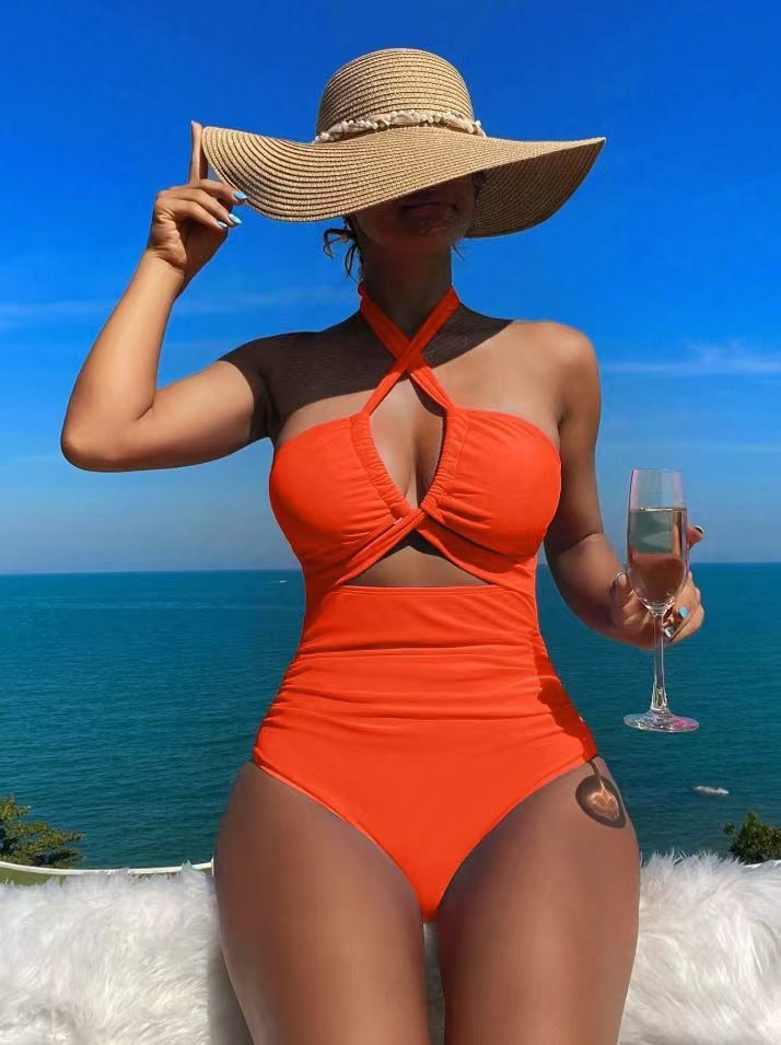 High Waist One Piece Swimsuit for Women Solid Color Sexy Backless Neck Conservative Design_ecoleips.com