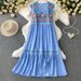 Women's Clothing Pink Heavy Embroidery Square Collar Small Flying Sleeve Dress Women's Summer Loose Slim Pleated Ruffled Long Skirt_ecoleips.com