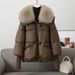 Women’s Short Puffer Coat With Faux Fur Collar – Winter Quilted Jacket, Loose Fit, Polyester Filling, Zipper Closure (Black/Brown, M-3XL)_ecoleips.com