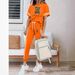 Women's Spring Summer Two Piece Set round Neck Short Sleeve High Waist Pants Side Pocket Casual Comfortable Fit_ecoleips.com