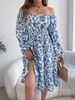 Spring/Summer Women's Elegant Floral Square Neck Long Sleeve Fitted Waist Ruffle A-Line Skirt Casual Thin Dress for Ages 16-45_ecoleips.com