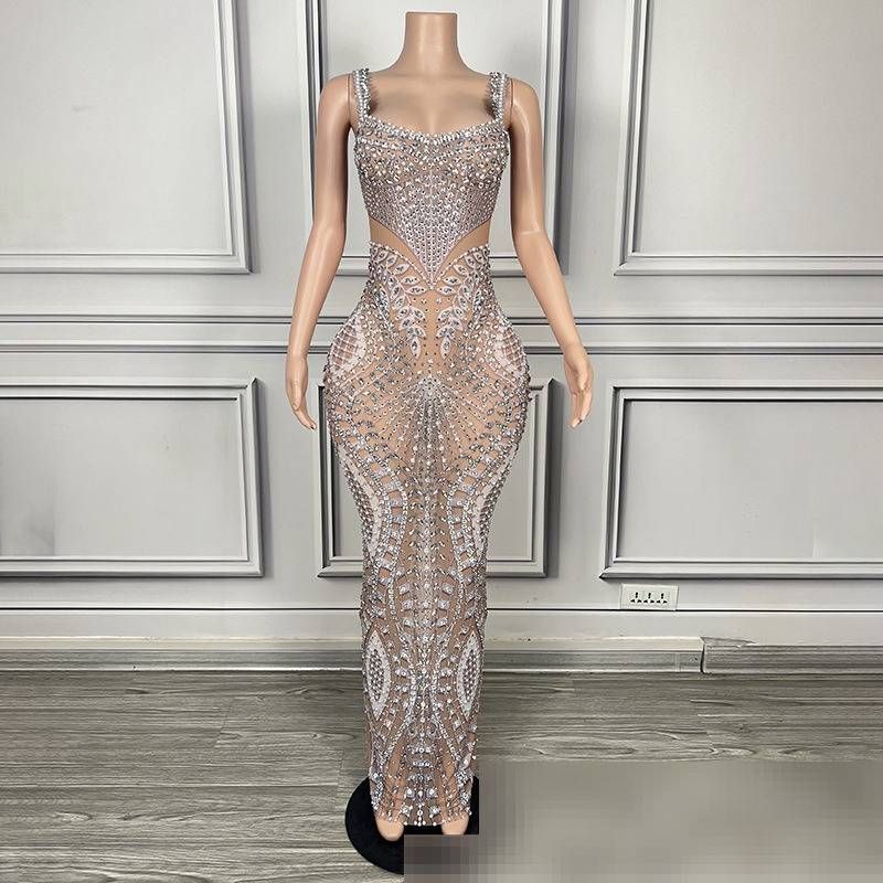 High End Low Cut Halter Dress For Women Silver Nude Versatile Long Gown For Birthday Evening Company Annual Meeting_ecoleips.com
