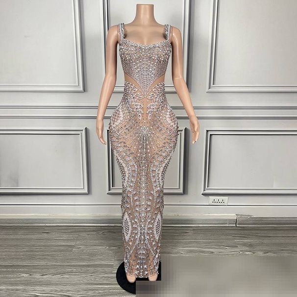 High End Low Cut Halter Dress For Women Silver Nude Versatile Long Gown For Birthday Evening Company Annual Meeting_ecoleips.com