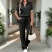Women's European American Style Casual Polo Shirt And High Waisted Drawstring Pants Two Piece Set Color Block Short Sleeve Top_ecoleips.com