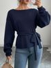 Women Boat Neck Long Sleeve Knit Top, Loose Waist Tie Sweater Lightweight Breathable Ribbed Cuffs Soft Skin Friendly Knit Blouse_ecoleips.com