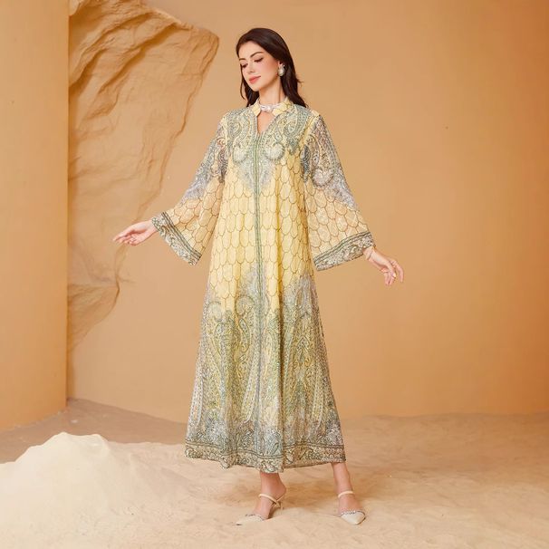 Women's Long Robe Dress Embroidered Fabric Printed with Rhinestones Cross Border Style Muslim Fashion 241101_ecoleips.com