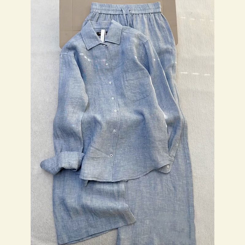 Women's Stylish Blue Polo Collar Long Sleeve Shirt & Wide Leg Pants Set - Casual Spring Outfit - Comfortable & Trendy_ecoleips.com