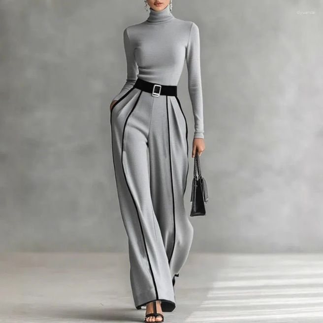 Women's Autumn Winter Casual High Waist Striped Two-Piece Set With Turtleneck Top And Pants_ecoleips.com