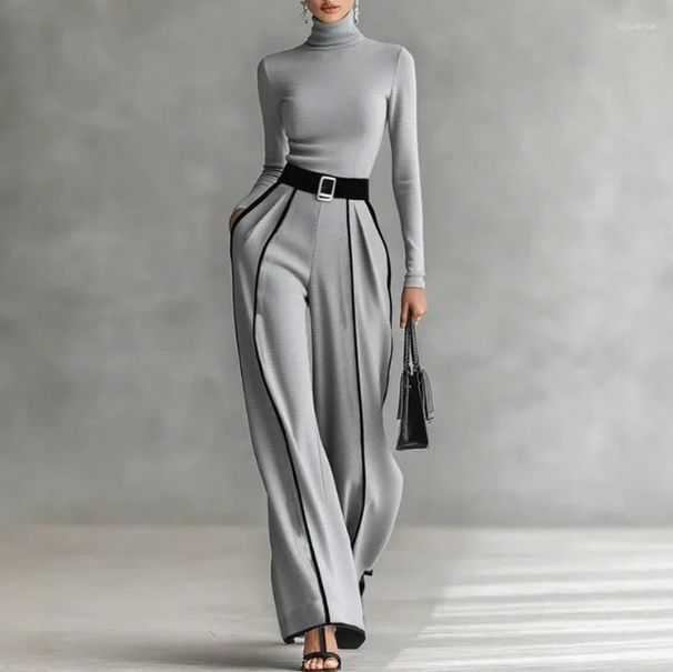 Women's Autumn Winter Casual High Waist Striped Two-Piece Set With Turtleneck Top And Pants_ecoleips.com
