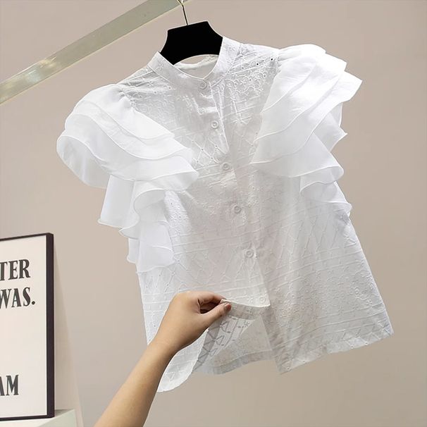 Women's Heavy Duty Hollowed Out Embroidery Layered Chiffon Ruffle Patchwork Stand Collar Shirt Flutter Sleeve New Summer Fashion Top_ecoleips.com