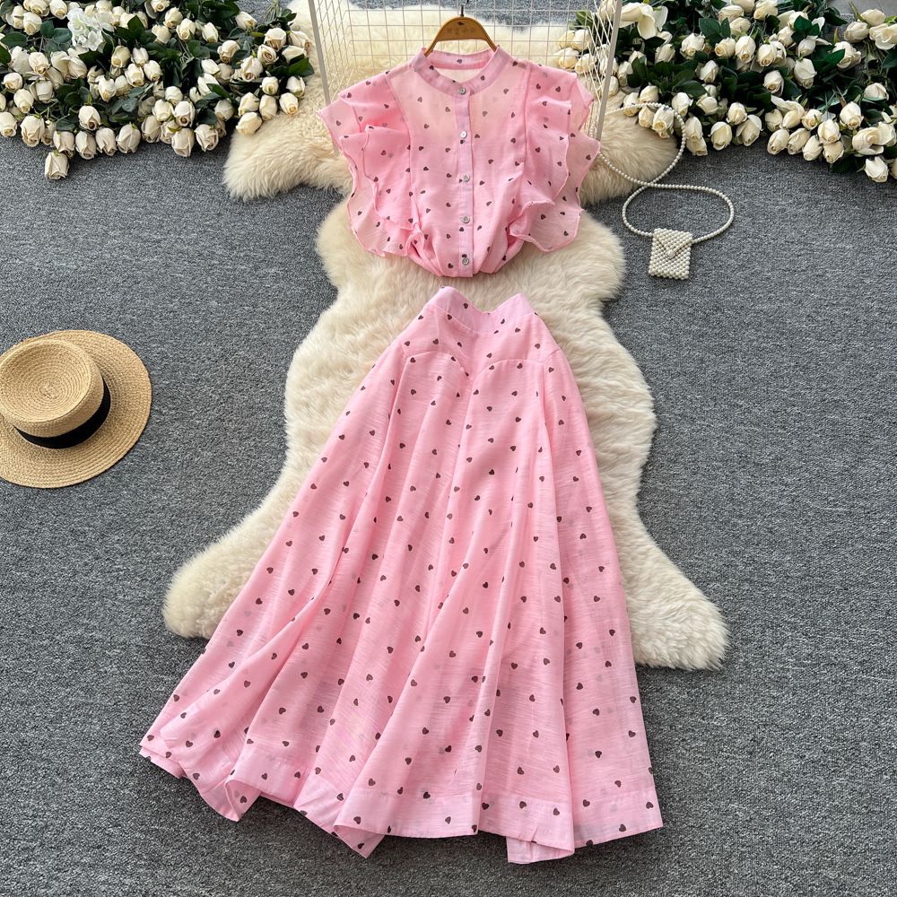 Women's French Style Two Piece Set Heart Print Ruffled Round Neck Top High Waisted Full Length Skirt_ecoleips.com