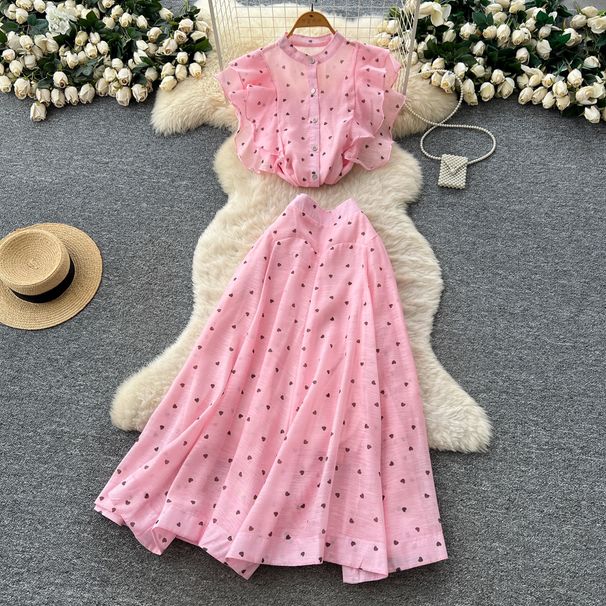 Women's French Style Two Piece Set Heart Print Ruffled Round Neck Top High Waisted Full Length Skirt_ecoleips.com