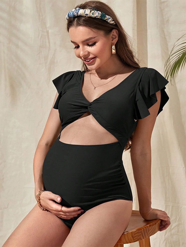Women's Maternity Swimsuit Solid Color Loose Fit Short Sleeve One Piece Design Belly Conceal_ecoleips.com
