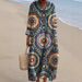 Elegant Long Sleeve Floral Print Shirt Dress For Women, V-Neck Casual Loose Fit Dress, Stretchy Polyester Blend, Plus Size (XS-5XL)_ecoleips.com