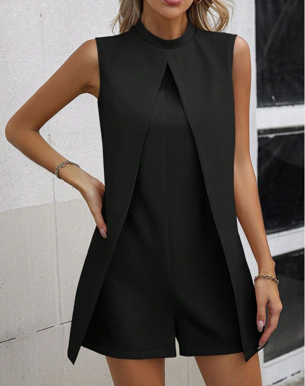 Summer New Fashion Sleeveless Stand Collar Jumpsuit Shorts - Fake Two-Piece Design, Breathable Polyester, Casual Romper For Women_ecoleips.com