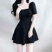 Elegant Short Black Dress Square Collar A-Line Skirt Women's Summer Slimming Hepburn Style High Waist Gown Casual Wear_ecoleips.com