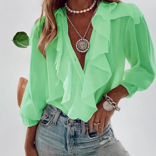Women's Clothing V-Neck Blouse With Flounce Hem And Puff Sleeves, Elegant Long Sleeve Tops For Casual Wear_ecoleips.com
