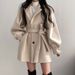 Oversized Wool-Blend Coat With Lantern Sleeves & Belt – Korean-Inspired Longline Blazer Jacket For Petite Women (Beige/Black/Padded Version)_ecoleips.com