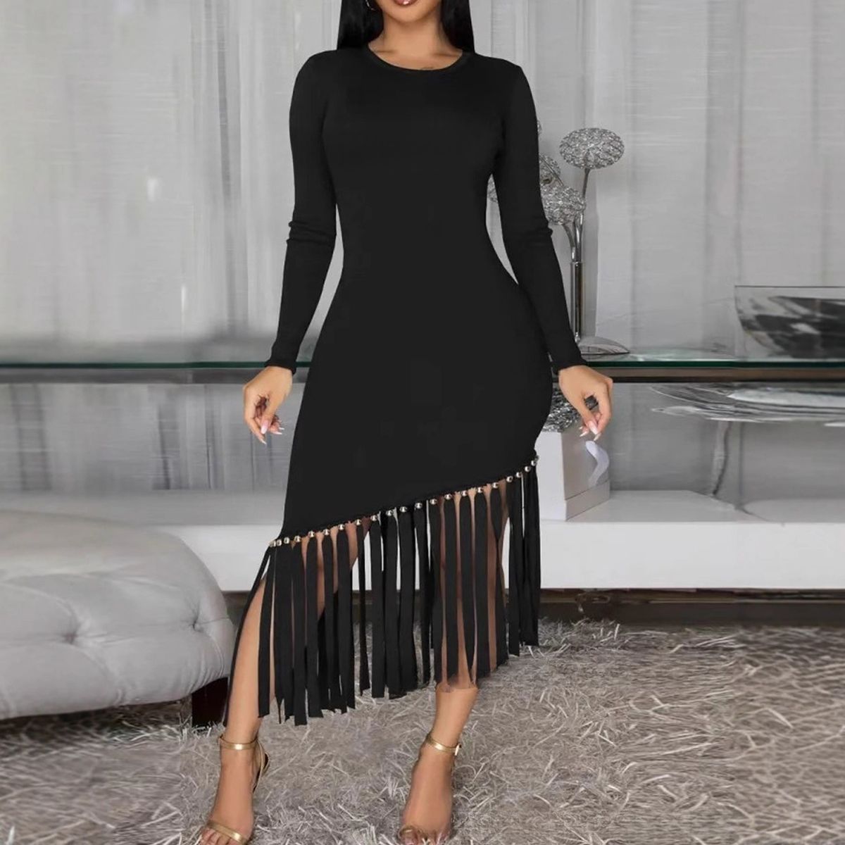 Plus Size Elegant Fringe Dress Women's Solid Color Long Sleeve Bodycon Evening Gown With Round Neck_ecoleips.com