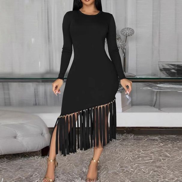 Plus Size Elegant Fringe Dress Women's Solid Color Long Sleeve Bodycon Evening Gown With Round Neck_ecoleips.com