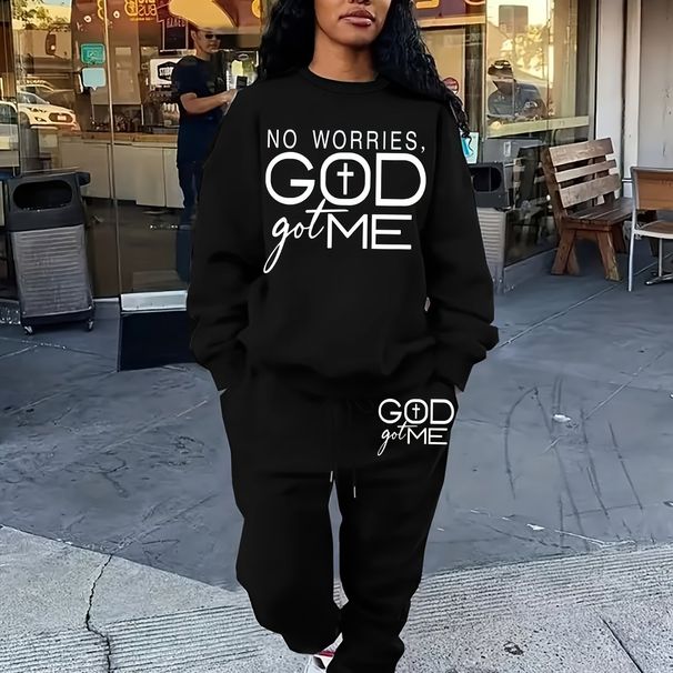 Women's Autumn And Winter Hip-hop Casual Street GOD Letter Pattern Printed Round Neck Sports Shirt+sports Pants Warm Set-660_ecoleips.com