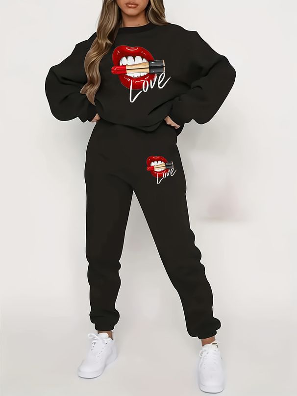 Women's Autumn And Winter Hip-hop Casual Street Lip Print And Lipstick Pattern Print Round Neck Sweatshirt+sports Pants Set-603_ecoleips.com