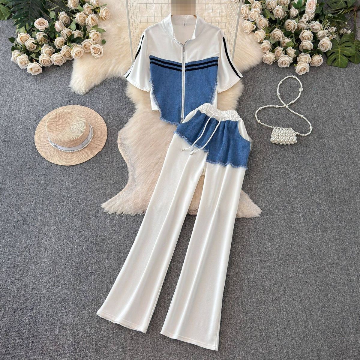 Women's Clothing Short-Sleeved Spliced Denim T-Shirt High Waist Casual Straight Pants Set High Waist Two-Piece Suit Design_ecoleips.com