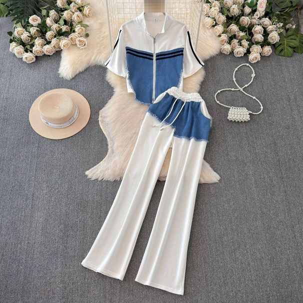 Women's Clothing Short-Sleeved Spliced Denim T-Shirt High Waist Casual Straight Pants Set High Waist Two-Piece Suit Design_ecoleips.com