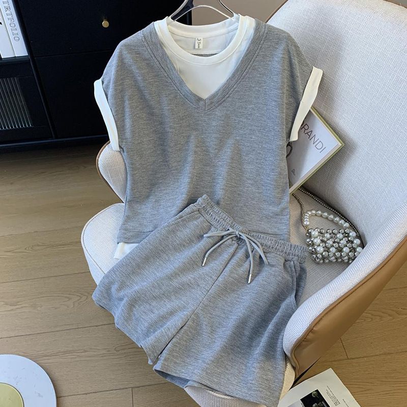 Women's Clothing Summer Casual Sportswear Set For Loose Fit Faux Two Piece Set T-Shirt And Shorts_ecoleips.com